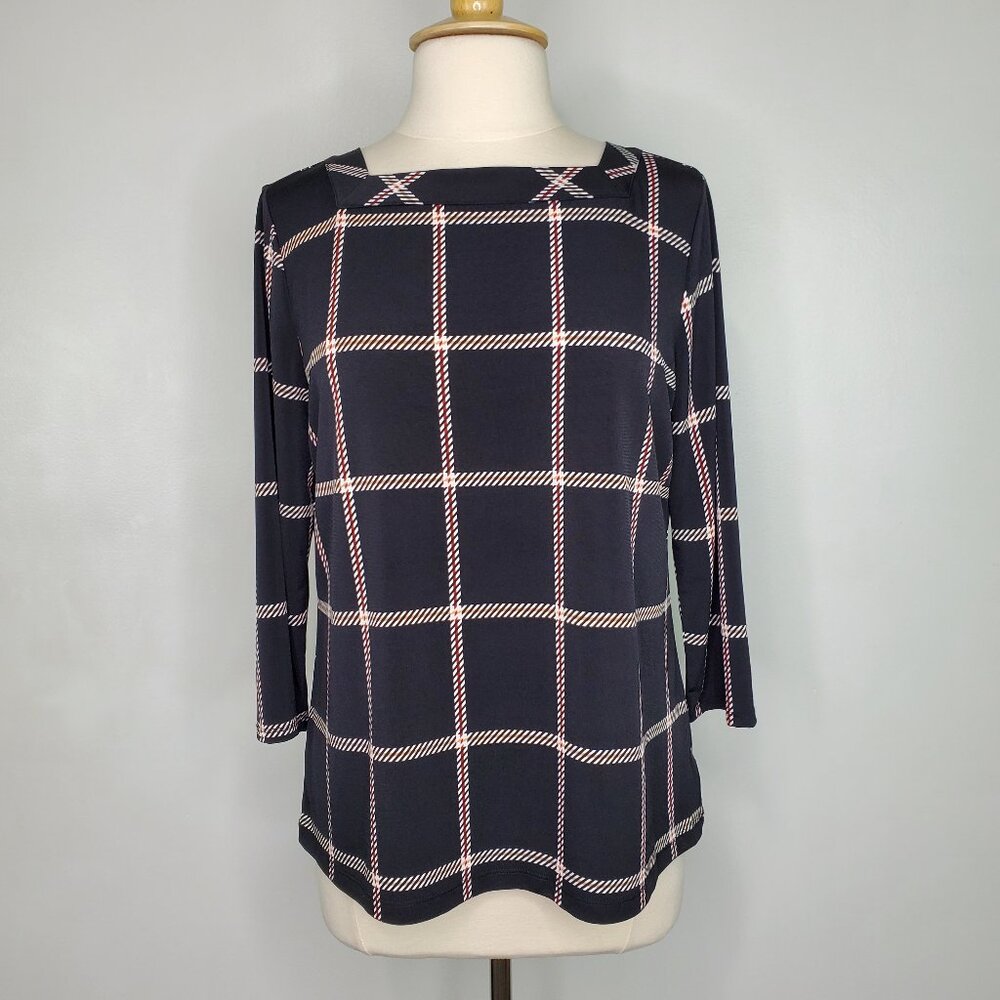 Liz Claiborne Windowpane Pattern Pullover Square Neck 3/4 Sleeve Top Size LP